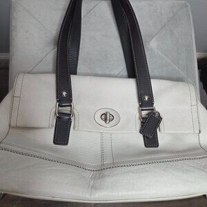 Coach Hamilton Pebbled White & Black Straps Leather Satchel F13091